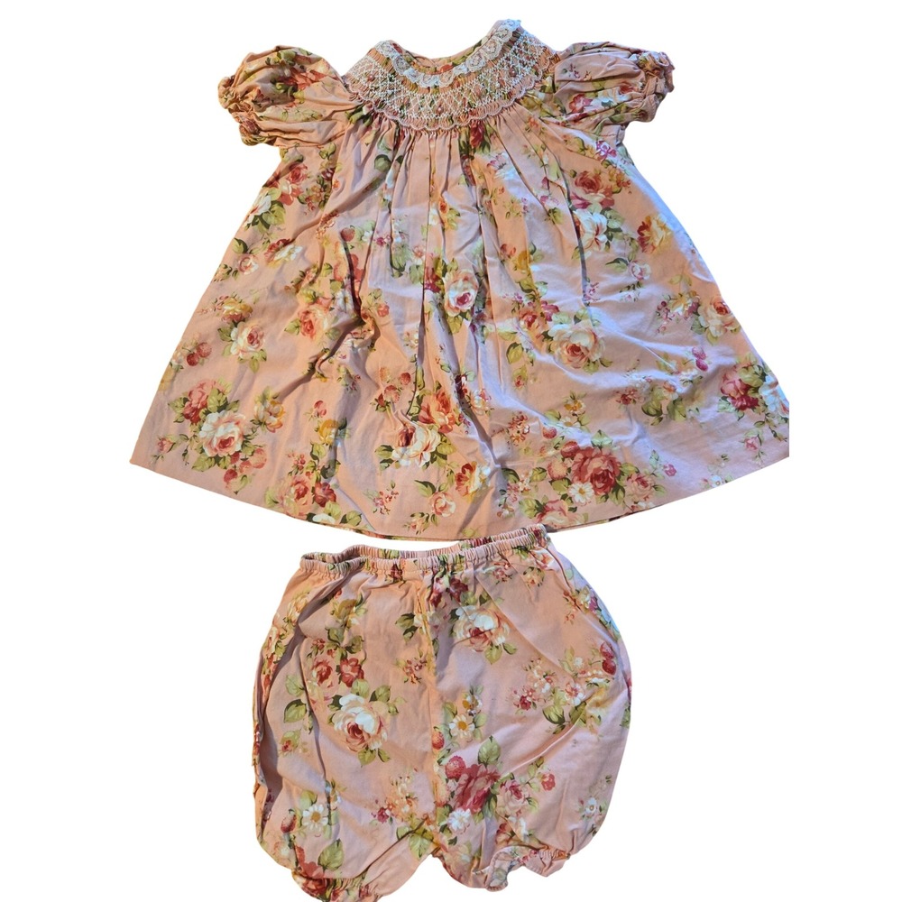 Petit Ami Baby Dress Bloomers Set Floral Pink Roses Smocked‎ Lace 6 MOS